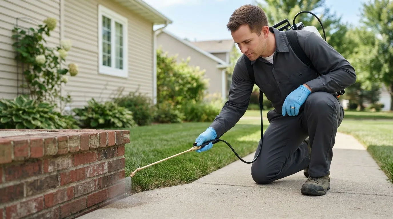 Pest control technician treating a home near Myrtlewood, AL